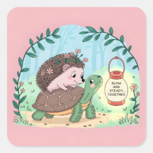 Sticker Carré Hérisson et Tortue "Lentement et Sûrement Ensemble