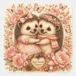 Sticker Carré Hérisson Meilleures Amies Mignon Aquarelle Florale