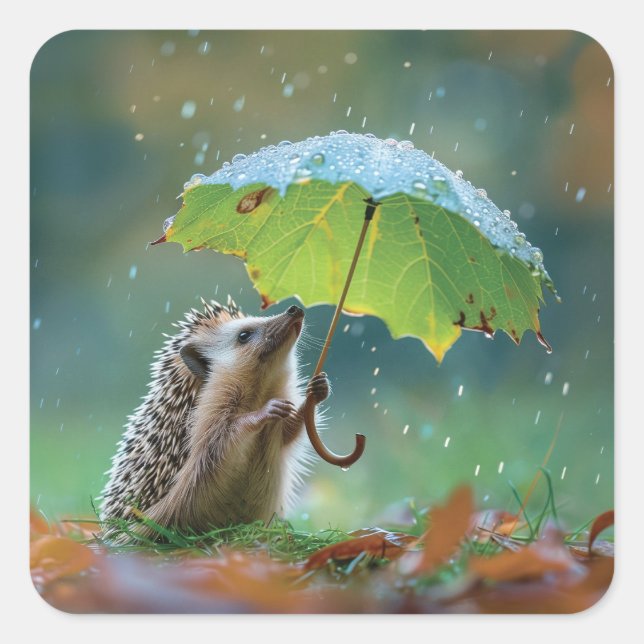 Sticker Carré Hérisson mignon tenant un parapluie de feuilles (Devant)