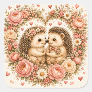 Sticker Carré Hérissons Mignons Amoureux Fleur Coeur Saint-Valen