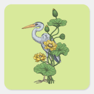 Sticker Carré Héron dans le jardin de lotus jaune sur rosée de m