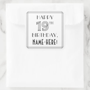 Sticker Carré HEUREUX 19E ANNIVERSAIRE, Style Art Déco, Nom pers