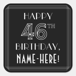 Sticker Carré HEUREUX 46E ANNIVERSAIRE ; Style Art Déco ; Nom pe