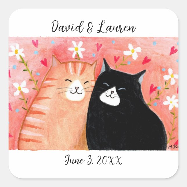 Sticker Carré Heureux Amoureux des chats Couple unique personnal (Devant)