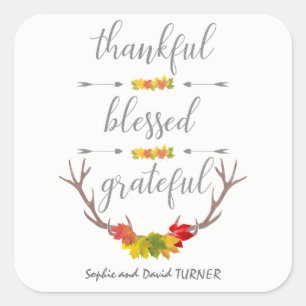 Sticker Carré Heureux Béni Grateful Fall Antler Thanksgiving