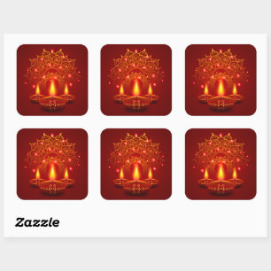 Sticker Carré Heureux Diwali Rouge or étincelle Mandala Diya bo