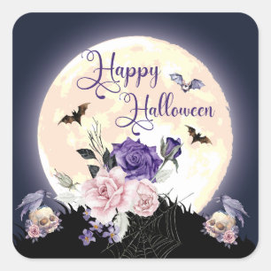 Sticker Carré heureux halloween éffrayante lune et roses d'aquar