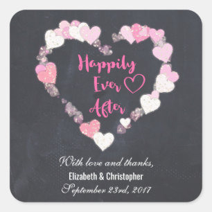 Sticker Carré Heureux Jamais après les Coeurs Rose Mariage Merci