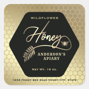 Sticker Carré Hexagon branche or abeille miel pot