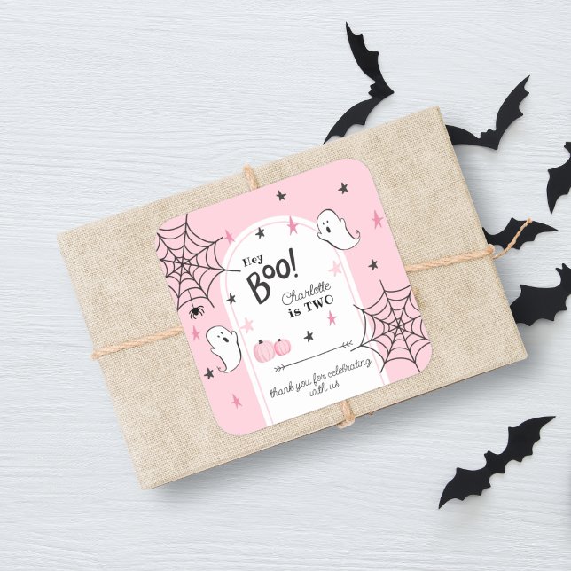 Sticker Carré Hey Boo Pink Halloween Deuxième anniversaire Favor (Créateur téléchargé)