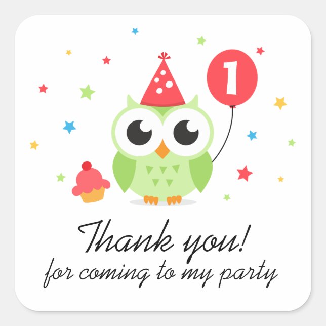 Sticker Carré hibou de fête verte avec anniversaire de ballon me (Devant)
