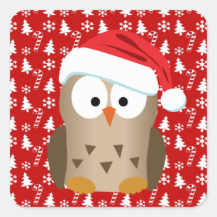 Sticker Carré Hibou de Noël avec le casquette de Père Noël