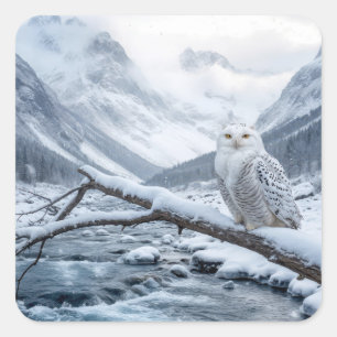 Sticker Carré Hibou des neiges sur une branche d'arbre en hiver