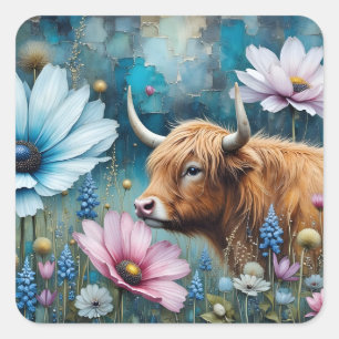 Sticker Carré Highland Cow Floral Coloré Cosmos Tapestry II