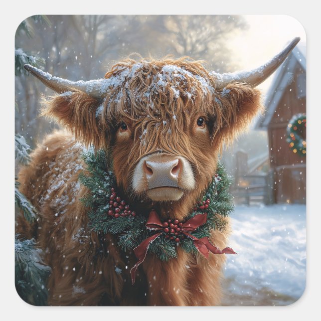 Sticker Carré Highland Cow Rustic Barnyard Noël (Devant)