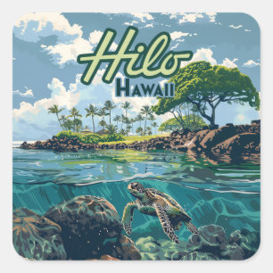 Sticker Carré Hilo Hawaii Big Island Turtle Beach Vintage