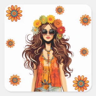 Sticker Carré Hippie super Hippie 1970 à thème fête d'anniversai
