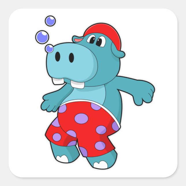 Sticker Carré Hippo à la natation avec maillots de bain (Devant)