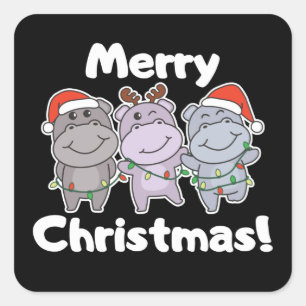 Sticker Carré Hippo Animaux de Noël mignons Hippopotames Joyeux 