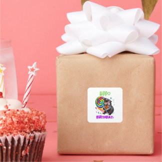 Sticker Carré Hippo Anniversaire Joyeux, Coloré Candy Swirl |