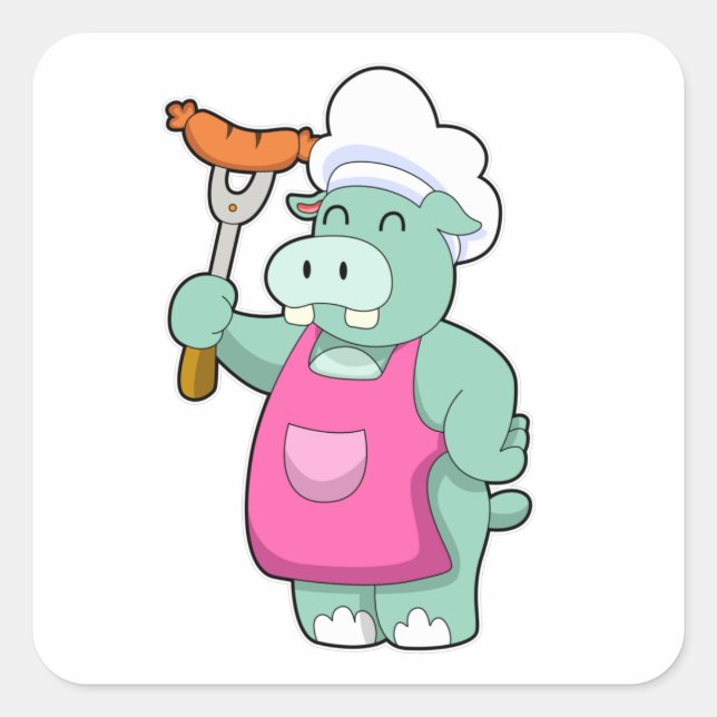Sticker Carré Hippo cuisiner avec des saucisses (Devant)