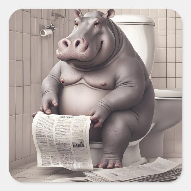 Sticker Carré Hippo dans les toilettes Lecture des journaux (Devant)