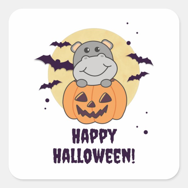 Sticker Carré Hippo En Citrouille Hippopotames Douces Halloween  (Devant)