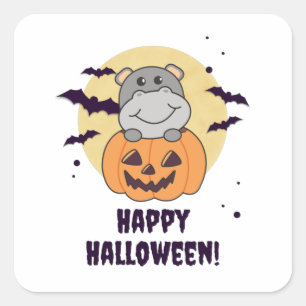 Sticker Carré Hippo En Citrouille Hippopotames Douces Halloween 