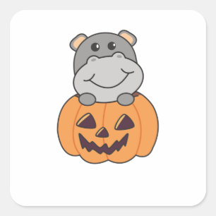 Sticker Carré Hippo En Citrouille Hippopotames Douces Halloween 