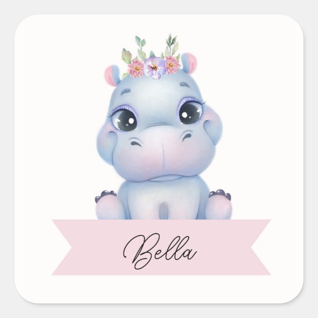 Sticker Carré Hippo fille personnalisée (Devant)
