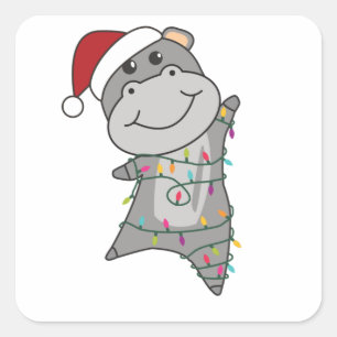 Sticker Carré Hippo Joyeux Noël Animaux d'hiver Hippopotames
