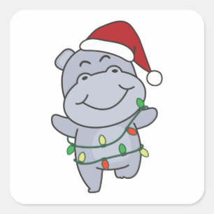 Sticker Carré Hippo Noël Animaux d'hiver Hippopotames Stick Carr