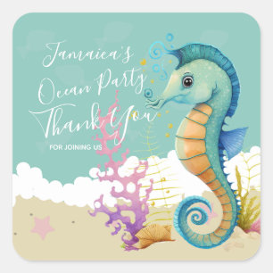 Sticker Carré Hippocampe aquarelle océan Anniversaire Merci 