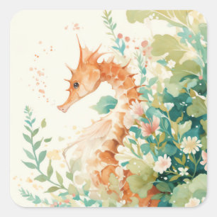 Sticker Carré Hippocampe orange à l'aquarelle avec récif botaniq