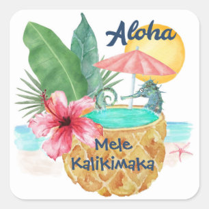 Sticker Carré Hippocampe Pineapple Mele Kalikimaka Plage Noël