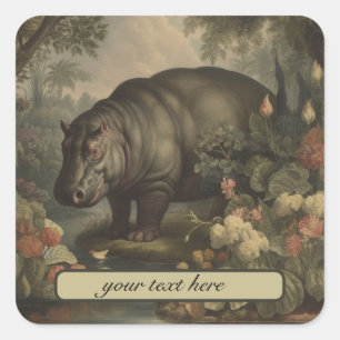 Sticker Carré Hippopotame botanique vintage personnalisable