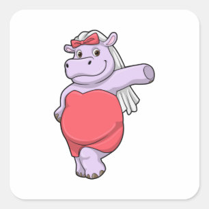Sticker Carré Hippopotame en mariée avec voile et noeud