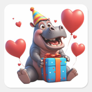 Sticker Carré Hippopotame Heureux Avec Ballons Et Cadeau 🎂