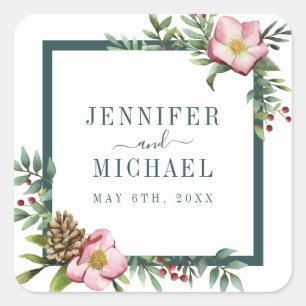 Sticker Carré Hiver Aquarelle Noël Rose Greens