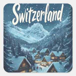 Sticker Carré Hiver en Suisse : Scène de village de montagne