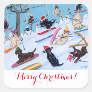 Sticker Carré Hiver Fun Ski Labradors Peinture