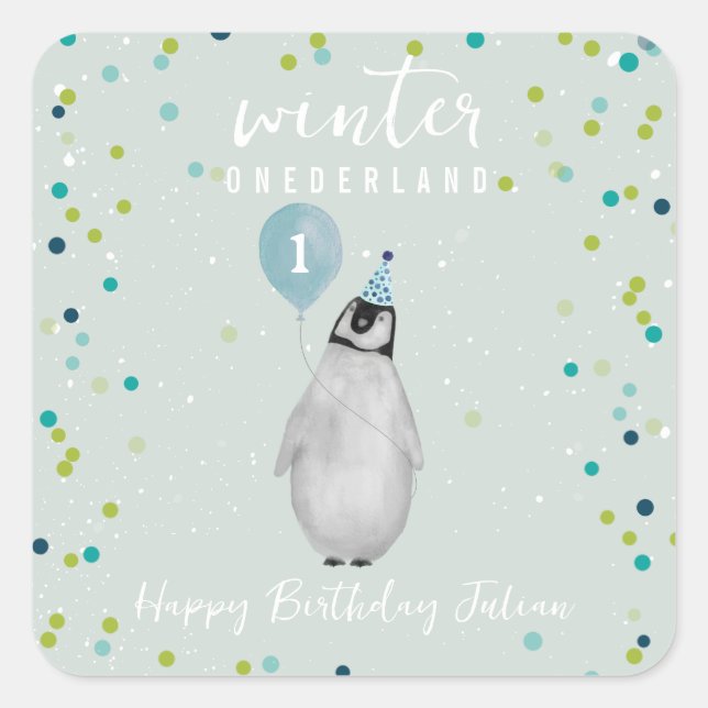 Sticker Carré Hiver Onederland Bleu Anniversaire Penguin Balloon (Devant)