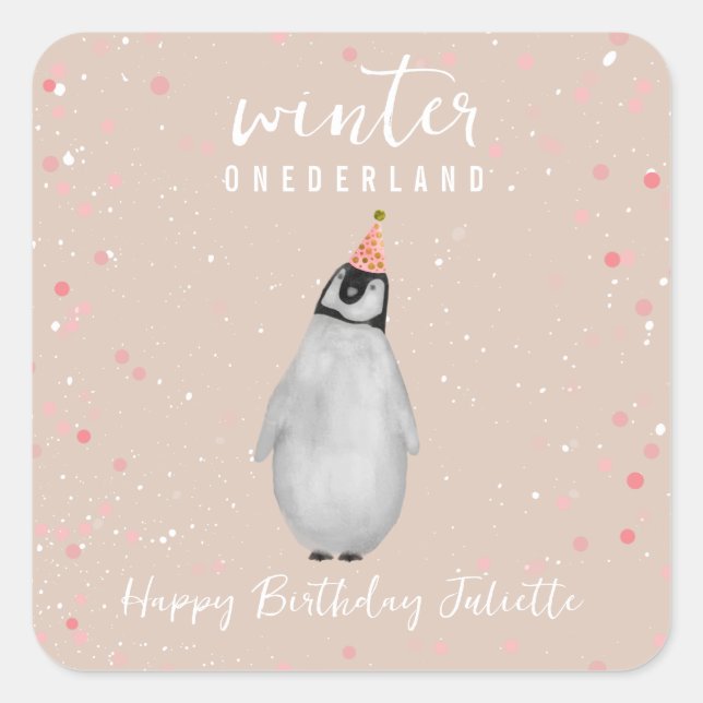 Sticker Carré Hiver Onederland rose Anniversaire Penguin Confett (Devant)