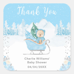 Sticker Carré Hiver Ours Bleu Baby shower coudre Merci