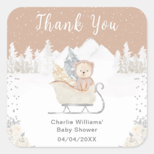 Sticker Carré Hiver Ours Brown Baby shower à bascule Merci