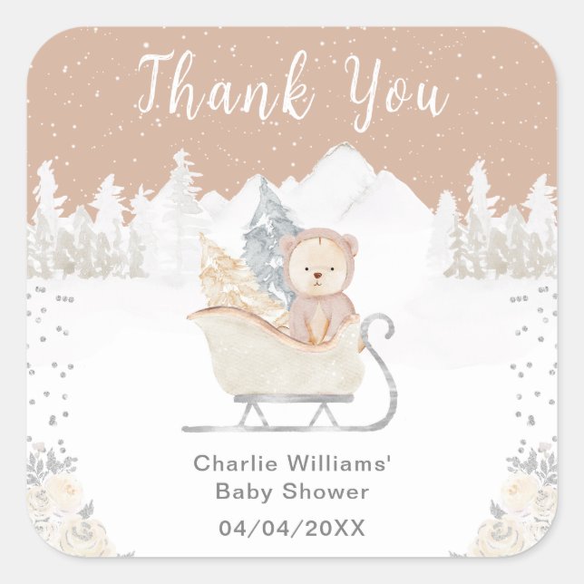Sticker Carré Hiver Ours Brown Baby shower à bascule Merci (Devant)