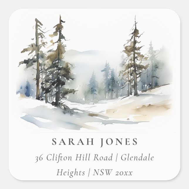 Sticker Carré Hiver Pine Arbre Neige Paysage Aquarelle Adresse (Devant)