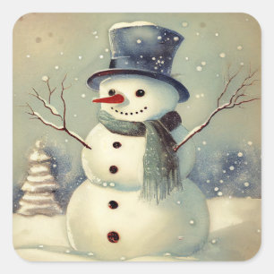 Sticker Carré hiver vintage, bonhomme de neige