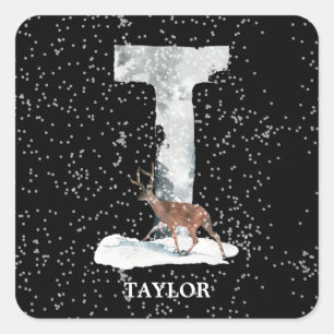 Sticker Carré Hiver Wonderland Alphabet T Monogramme   Reindeer