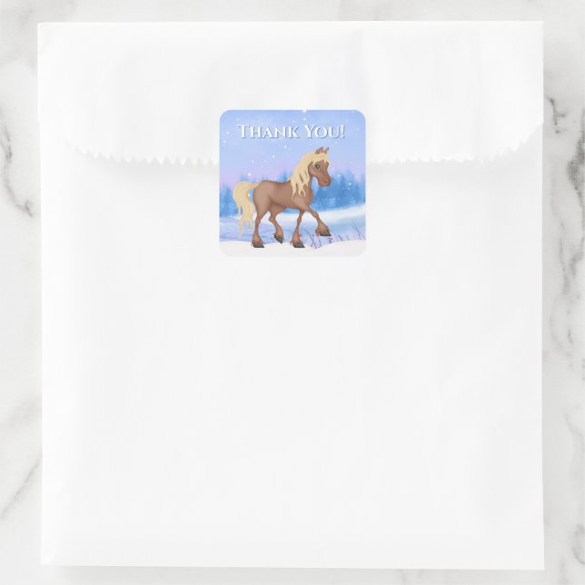 Sticker Carré Hivernal Wonderland Cheval, Neige Anniversaire Mer (Sac)